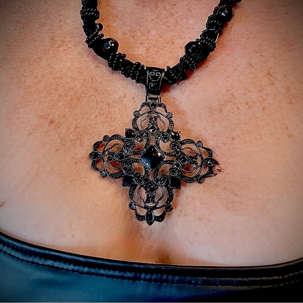 Elegant Black Cross Pendant Necklace, chain/clasp for adjustable length LOT #17